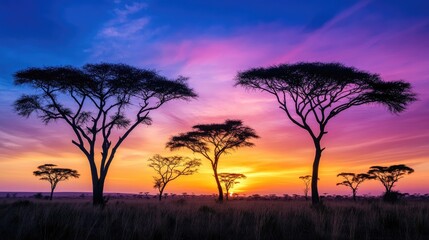 A stunning savannah landscape at dusk, with acacia trees silhouetted against the vibrant colors of the setting sun and wisps of clouds in the sky.