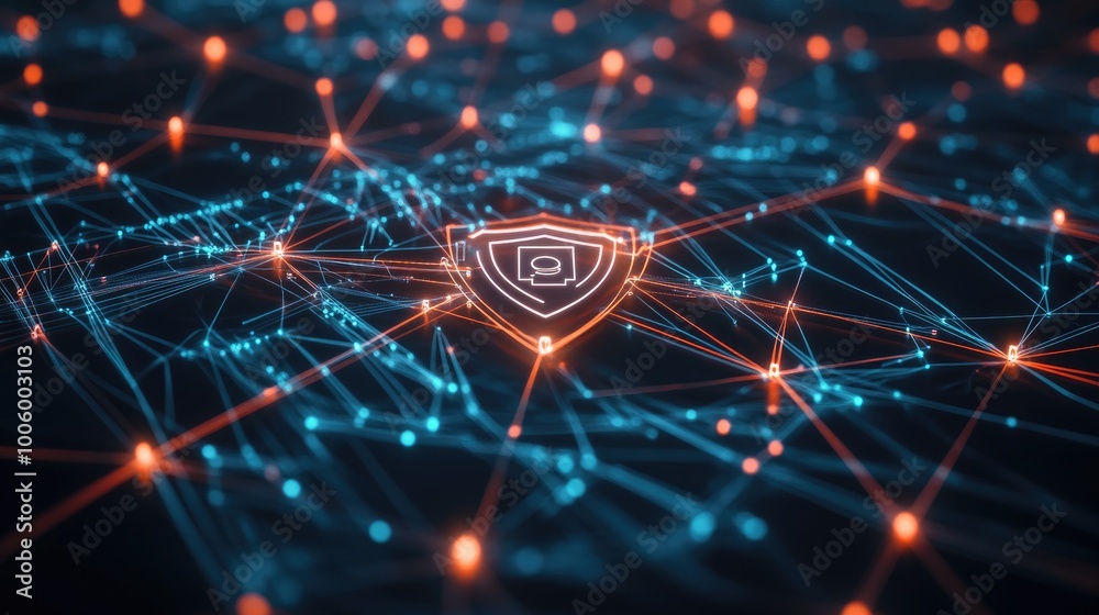 Poster a network infrastructure with glowing connection lines and a central shield icon, visualizing advanc