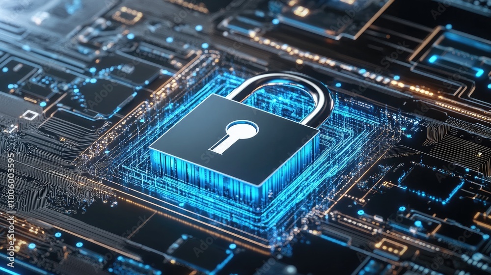 Poster a virtual lock icon surrounded by layers of digital encryption, symbolizing secure data with advance