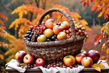 autumn still life with fruit like apples and leaves