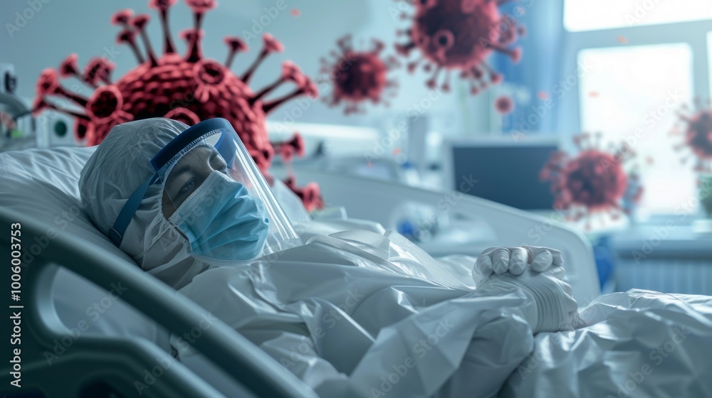 Poster a person in a hospital bed with a mask on and a red virus in the background
