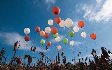 Colorful balloons floating up against a bright blue sky with wispy white clouds. The balloons are in a variety of colors white, red, orange, green, and pink.  There are dead plants in the foreground.
