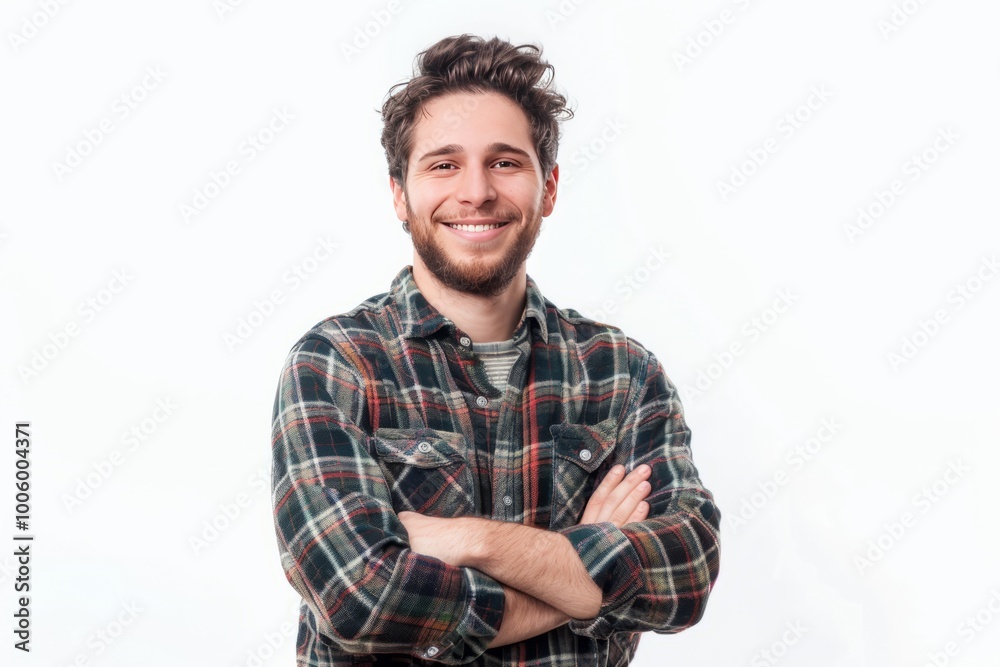 Wall mural Happy young man in casual attire with folded arms, against a white background , background blur