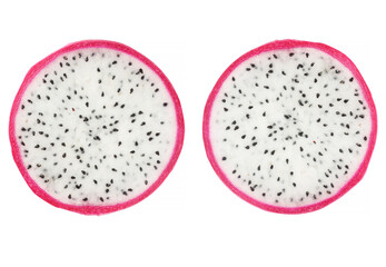 two round cuts of dragon fruit isolated on whte