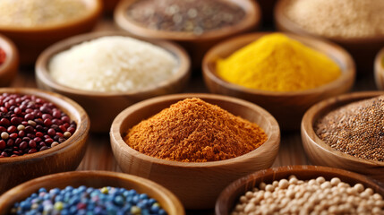 A vibrant arrangement of various spices and grains is artistically displayed in wooden bowls. The colorful assortment showcases the rich diversity of culinary ingredients