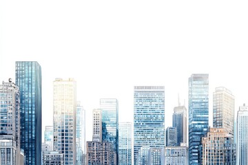 Obraz premium A photorealistic image of modern skyscrapers in a city skyline against a clear white background