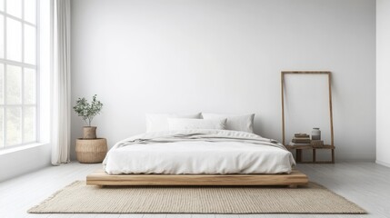A bedroom design that embodies minimalist principles, with a low platform bed, white walls