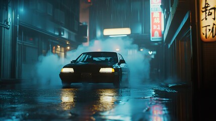Rainy Night in the City - Car Driving Through Fog and Neon Lights