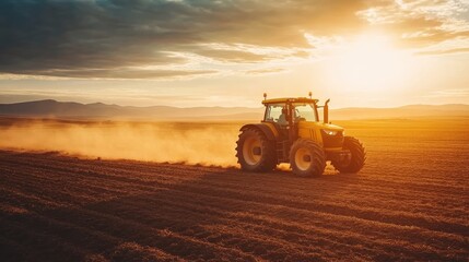 Fototapeta premium A tractor plowing a large, flat field on the plains, with dust rising behind it and the early morning sun illuminating the scene.
