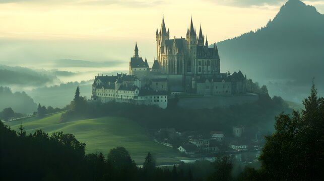 Majestic Gothic castle perched atop a rolling hill with grand architecture towering over the landscape and exuding a regal imposing presence