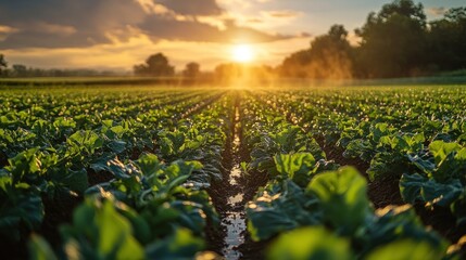 Sunset Over a Lush Green Field