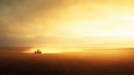 A tractor plowing a large, flat field on the plains, with dust rising behind it and the early morning sun illuminating the scene.