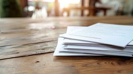A stack of resumes and job applications on a wooden table