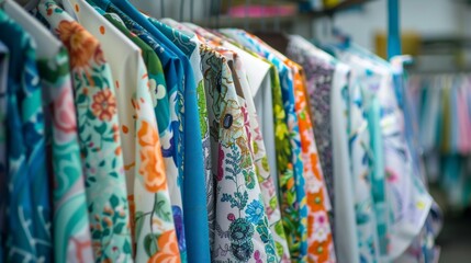 Neatly organized rack displays colorful blouses with floral, geometric, animal prints in blue and other colors. Vibrant, orderly arrangement against white backdrop, possibly blue iron rack.