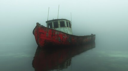 Abandoned Red Boat in Foggy Water Nautical Sea Harbor Fishing Coast Ocean Watercra