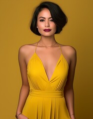 Naklejka premium studio portrait of a brunette female model with short hair wearing a low cut yellow dress on yellow background, fashion photography