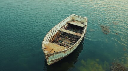 Obraz premium Old Wooden Rowboat Floating on Calm Teal Water