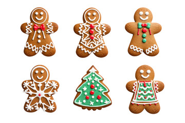 Fototapeta premium Variety of festive gingerbread cookies including stars, snowmen, and Christmas trees, all decorated with icing and sprinkles, isolated on a white background