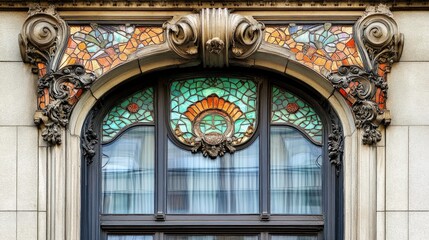 Obraz premium A close-up of a historic window with stained glass and ornate metalwork
