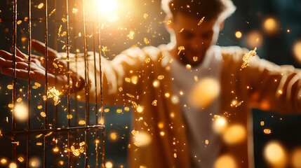 person stands with arms outstretched in golden cage, surrounded by shimmering particles that evoke sense of wonder and entrapment. warm light enhances magical atmosphere