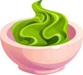 Cartoon bowl of wasabi, condiment for Japanese sushi and rolls. Isolated vector vivid green wasabi swirls with creamy texture and spicy flavor resting in a ceramic bowl. Japan restaurant spicy food