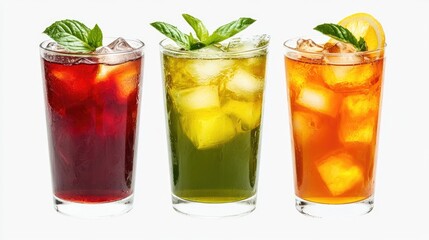 Refreshing iced tea, green tea, and red tea in a virtual high-resolution image, isolated on a transparent background, ideal for drink themes with a clean, modern aesthetic.
