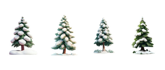 Fototapeta premium set of Illustration of a green and white snow-covered pine tree, isolated on a white background
