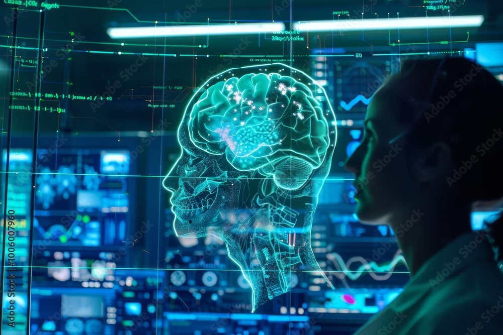 Poster exploring the intersection of neuroscience and technology in a futuristic lab setting with advanced 