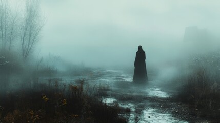 Mysterious Figure in Foggy Landscape Silhouette Ghostly Eerie Nature Pathway Mystery