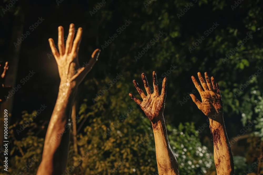 Wall mural Zombie hands rising in dark Halloween night - generative ai