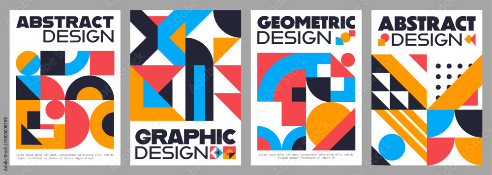 Poster Abstract modern geometric posters of minimal art graphic pattern. Vector color shapes and forms compositions with circle, square and triangle grids. Trendy geometric posters or brochures templates