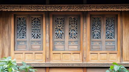 A close-up of a traditional wooden house with intricate window designs and hand-carved decorations