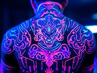 Fototapeta premium Captivating Futuristic Pixiu Tattoo Design Featuring Sleek Lines Glowing Patterns and a Stylized Geometric Body That Shines Under UV Light