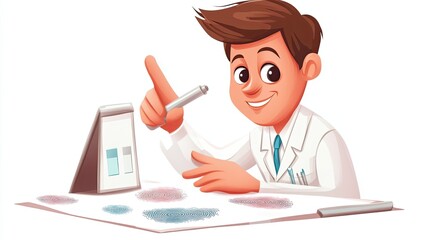 Cartoon Forensic Scientist Examining Fingerprints