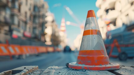 A traffic cone placed on top of a construction barricade