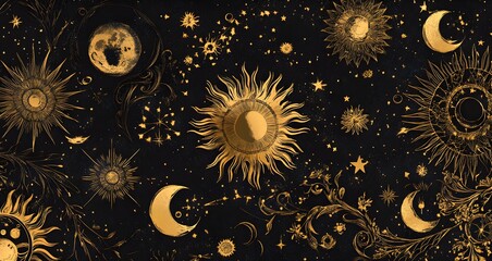 A black background with various celestial symbols, such as suns and moons