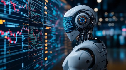 Artificial Intelligence Robot Analyzing Data on Large Screen