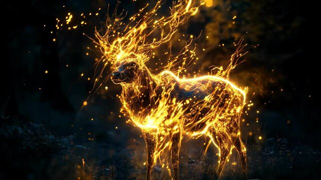 Majestic Glowing Deer with Fiery Particles in Enchanted Forest