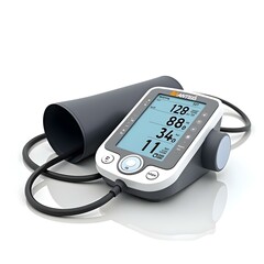 Sleek Modern Digital Blood Pressure Monitor with Bold Readings and Cuff on Clean White Background