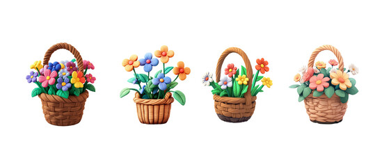 Fototapeta premium set of Cute flower basket, made of plasticine material, simple style, white background