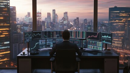 Financial trader analyzing stock market data with city skyline view