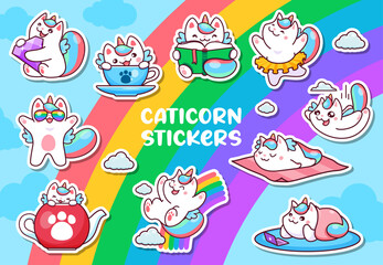 Cute cartoon caticorn cat or kitten characters sticker, vector funny or cat unicorn on rainbow. Kids caticorn princess or ballerina kitty with happy smile on face for kids emoji or emoticon stickers