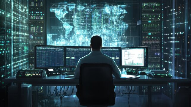 Network engineer analyzing data on multiple screens in a server room