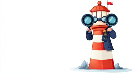 Cartoon Lighthouse Character Holding Binoculars