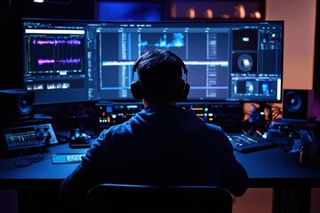 Video editor working in a professional studio with multiple screens