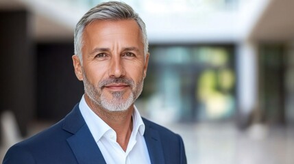 Fototapeta premium A well-groomed middle-aged man smiles confidently while dressed in a tailored suit, surrounded by modern architecture in a bright, open space
