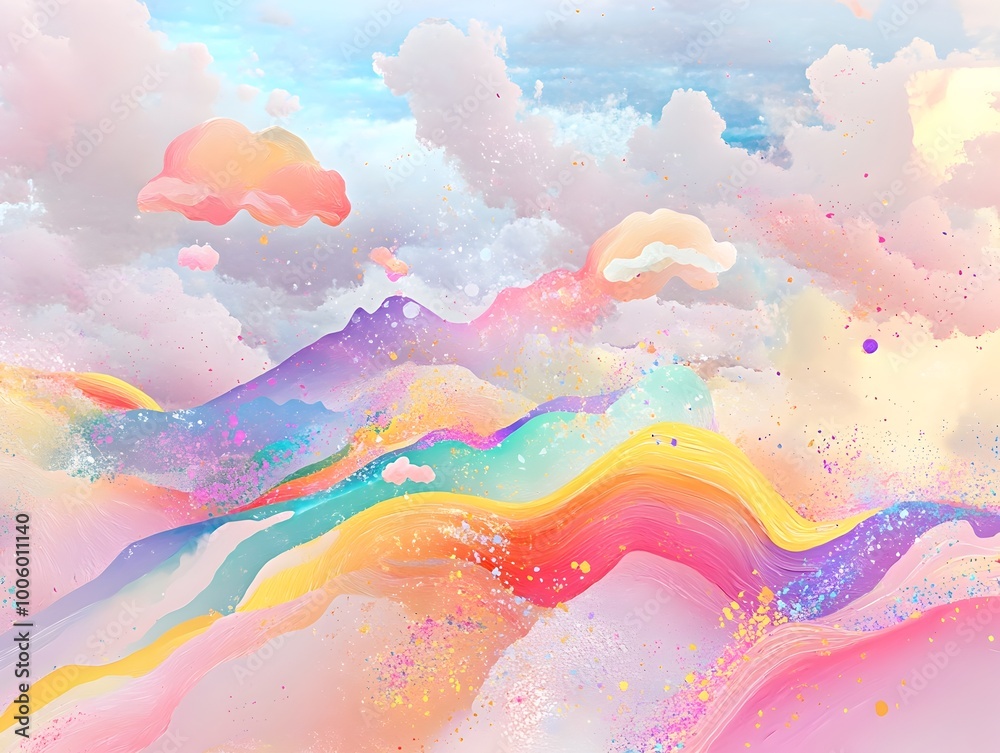 Poster pastel toned abstract landscape with a playful imaginative organic shapes and flowing patterns in a 