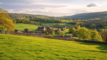 Obraz premium Scenic Green Landscape with Flowering Fields and Hills