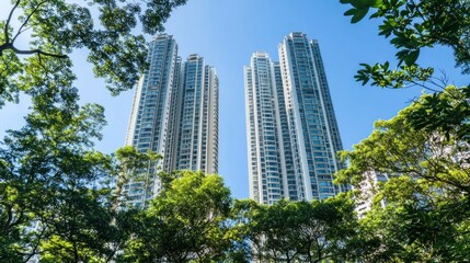 Luxury high-rise buildings towering over low-income neighborhoods, highlighting the growing disparity in housing accessibility