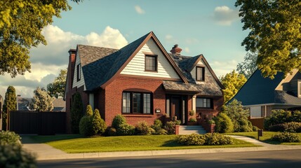 A dynamic shot of a cozy family house with a traditional facade, set in a suburban neighborhood